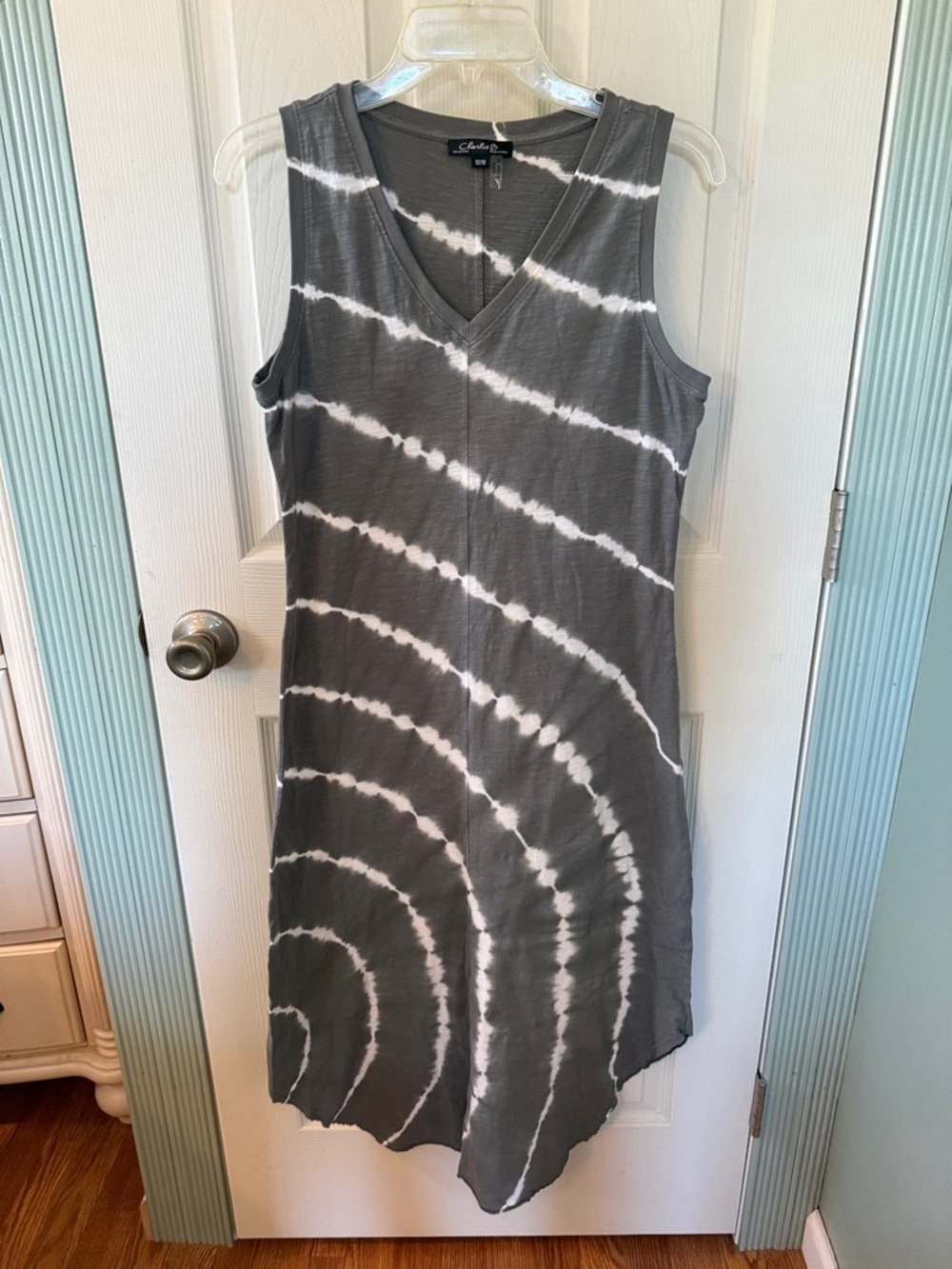 CHARLIE B Olive Green & White Spiral Tie-Dye V-Neck Sleeveless Dress, NWOT
